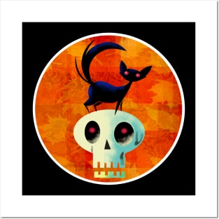 Halloween Cat on Skull Posters and Art